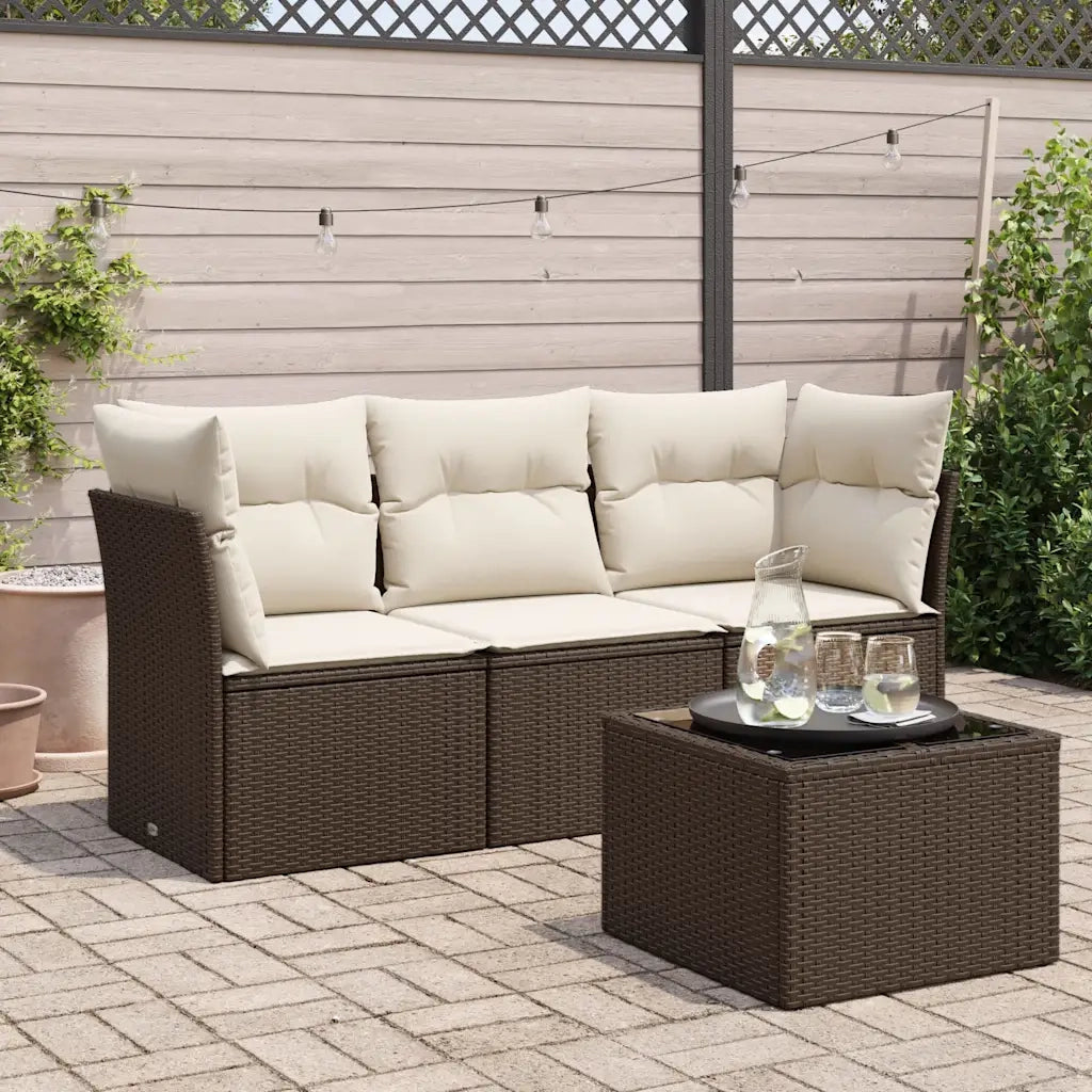 Set Divano da Giardino 4 pz | Set Salotto da Giardino con Cuscini Marrone in Polyrattan