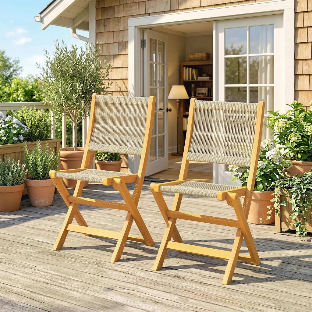 Sedie da giardino pieghevoli ¨C Minimal ¨C Legno di acacia, corda intrecciata naturale e beige