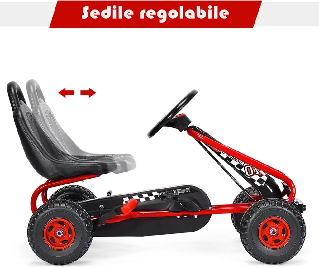 Go Kart a Pedali per Bambini, Go Kart Veicolo con Sedile Regolabile e Freno a Mano, per Bambini 3-6 Anni, Portata Massima 30 kg (Rosso)