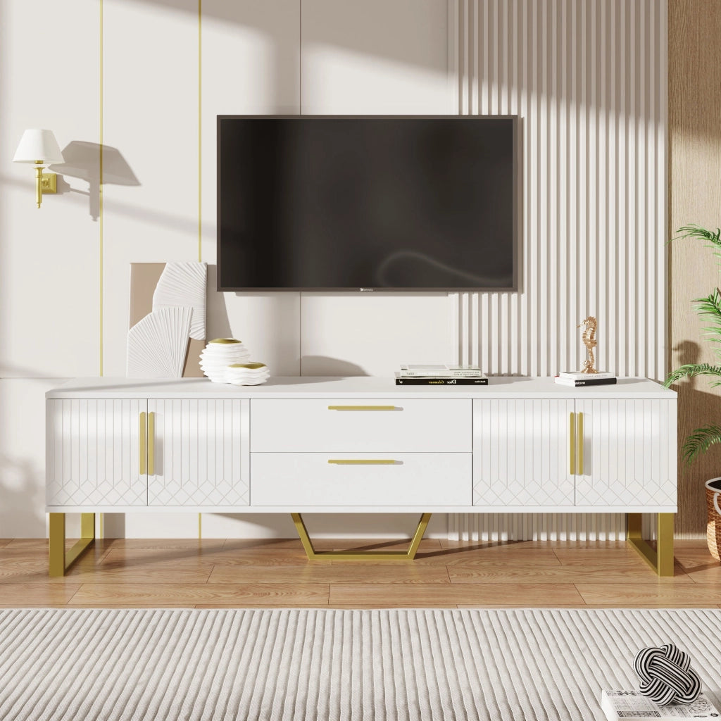 Mobile TV Lucido ¨C MINIMAL ¨C Bianco con Ante Texture, Gambe e Maniglie Dorate
