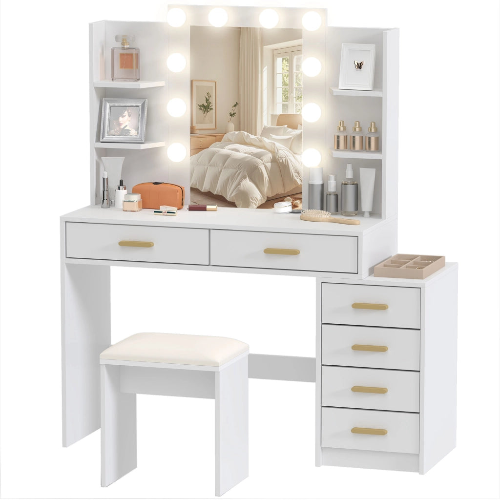 Scrivania Trucco con Specchio Illuminato e Sgabello Imbottito ¨C Minimal ¨C Bianco 6 Cassetti