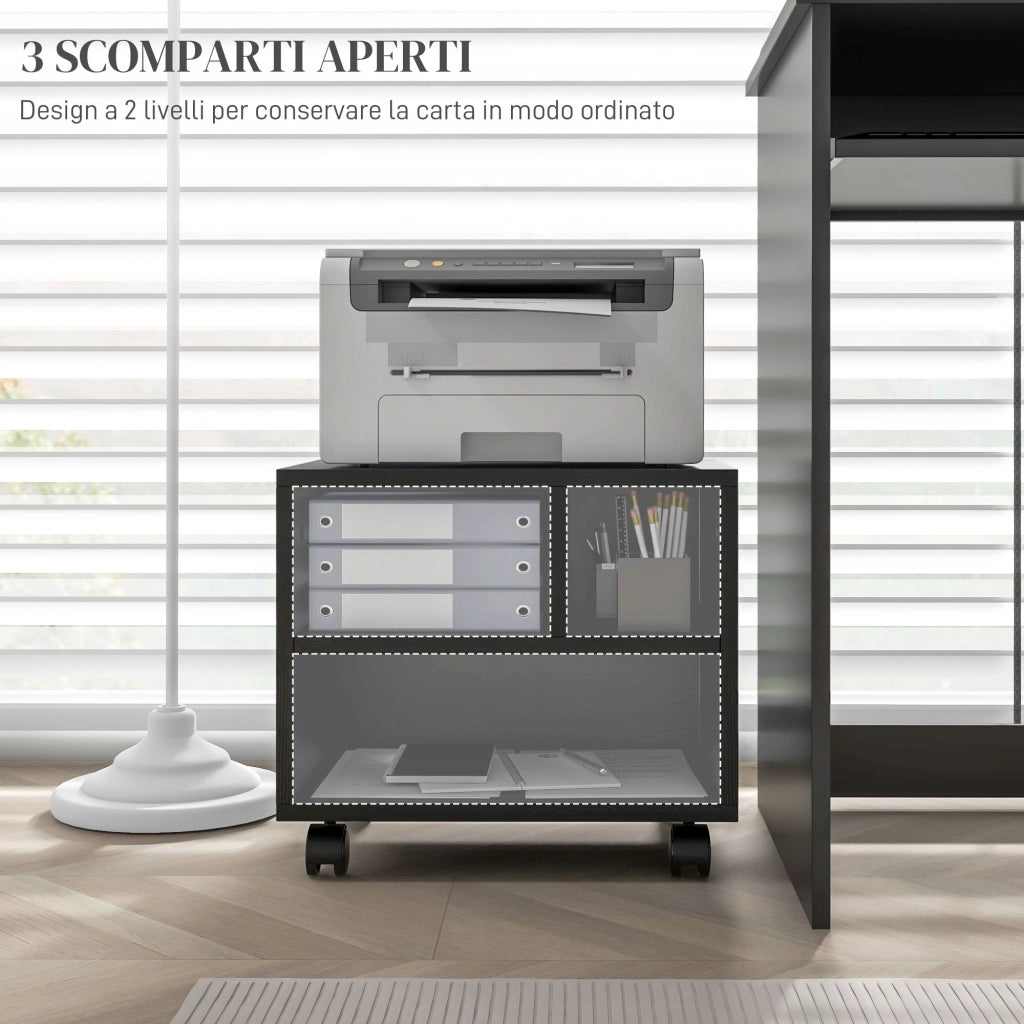 Mobile Porta Stampante a 2 Livelli con 3 Scomparti e Ruote per Ufficio e Studio, 40x30x36cm, Nero