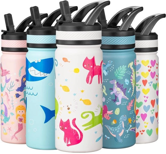Tazza termica per bambini 550 ml, con beccuccio in metallo, libera da grassi, BPA libera, per scuola, bambini piccoli, ragazzi e ragazze (bianca - gatto)