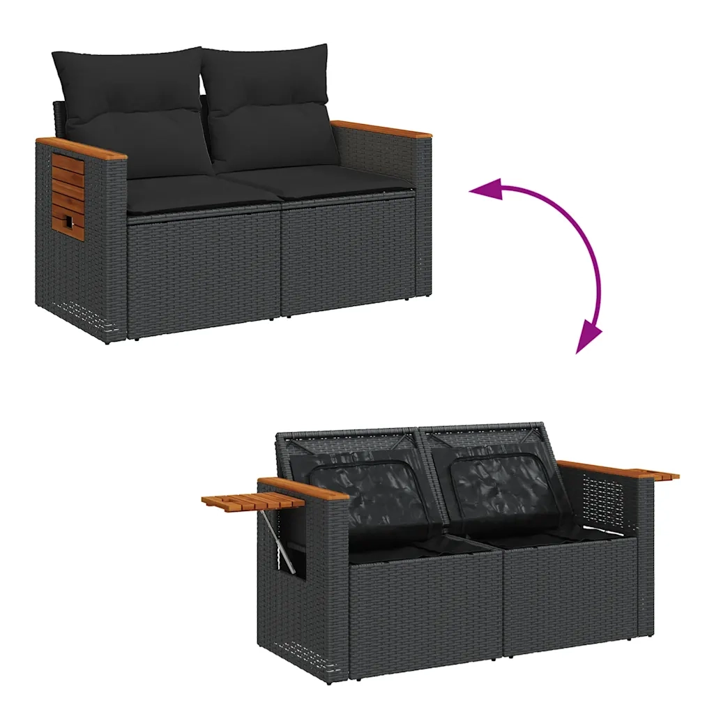 Set Divani da Giardino 9 pz con Cuscini Nero Polyrattan Acacia 3327611