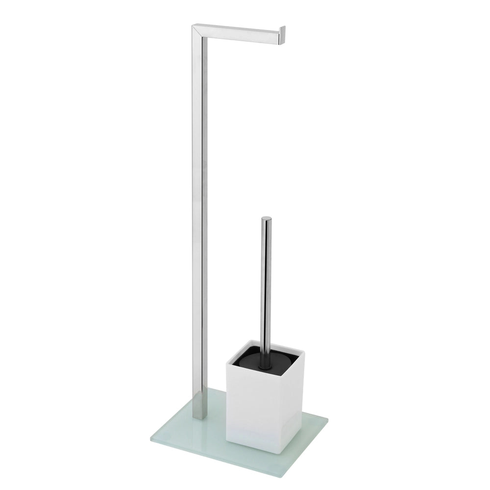 Piantana porta rotolo e scopino bagno acciaio base vetro bianco 22x18xh.70,5 cm