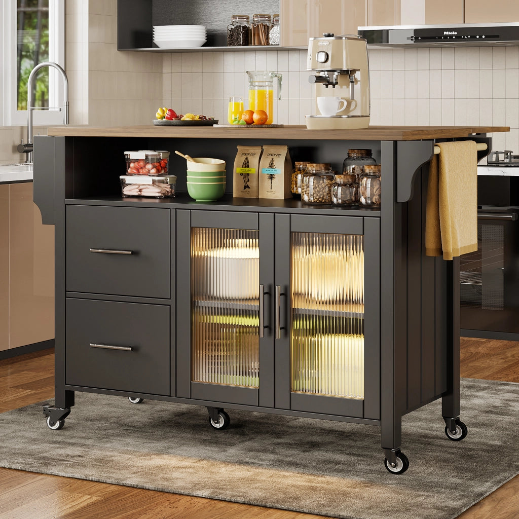 Isola Cucina con Vetrina LED e Ruote ¨C MINIMAL ¨C Nero, Legno