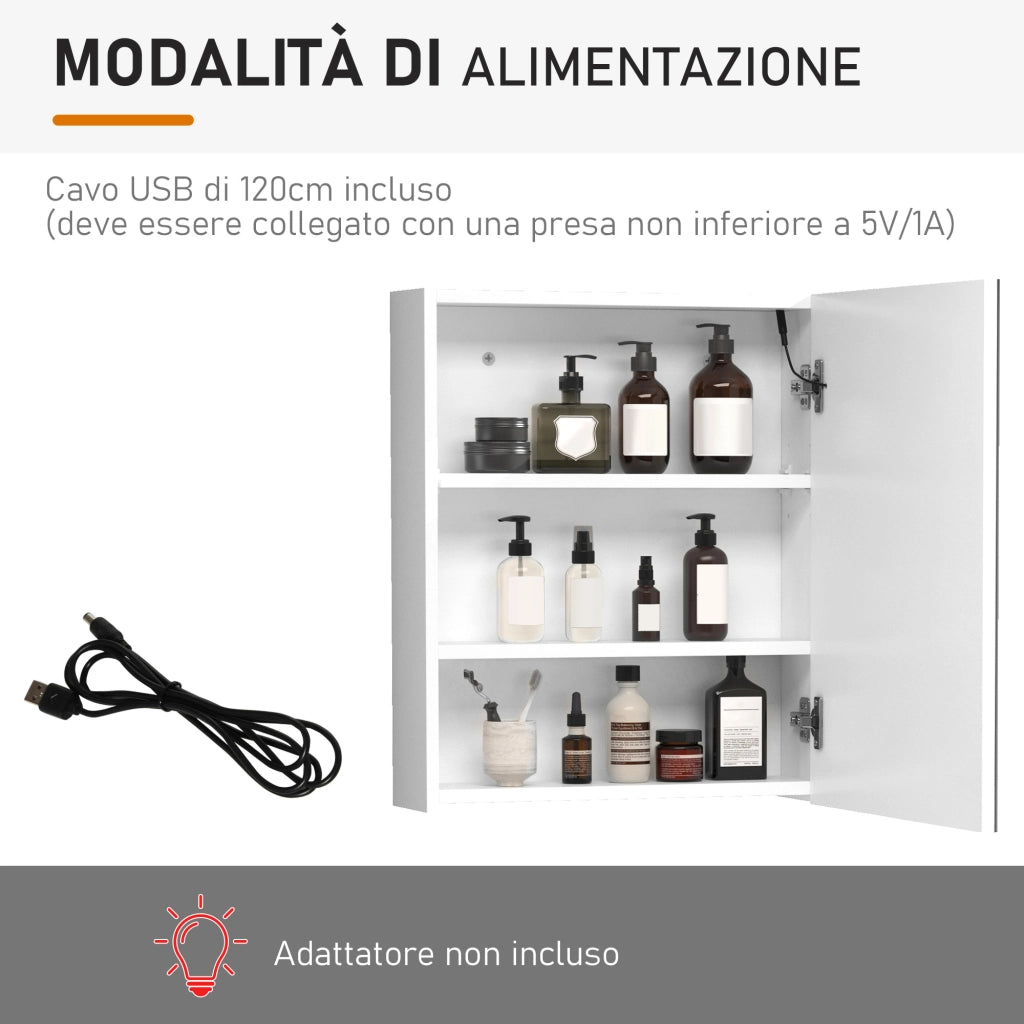 Pensile da Bagno con Specchio e LED ¨C Xylo ¨C 1 Anta, 2 Ripiani, MDF Bianco 60x50x15cm