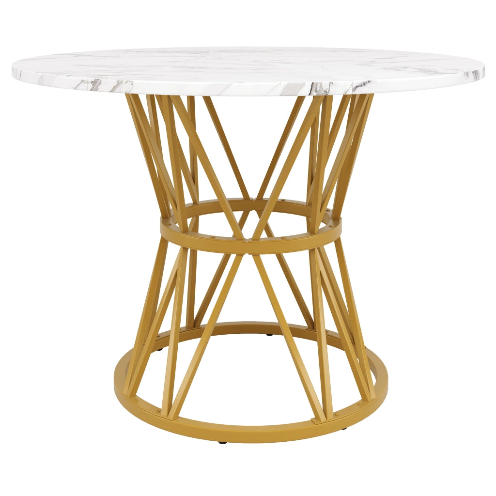 Tavolo da Pranzo Rotondo per 4 Persone ¨C Xylo ¨C Piano MDF Effetto Marmo, Gambe in Metallo Dorato, 100x100x76