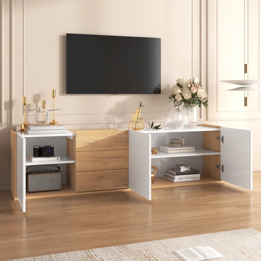 Mobile TV Basso ¨C MINIMAL ¨C Bianco e Legno, da Parete o a Pavimento