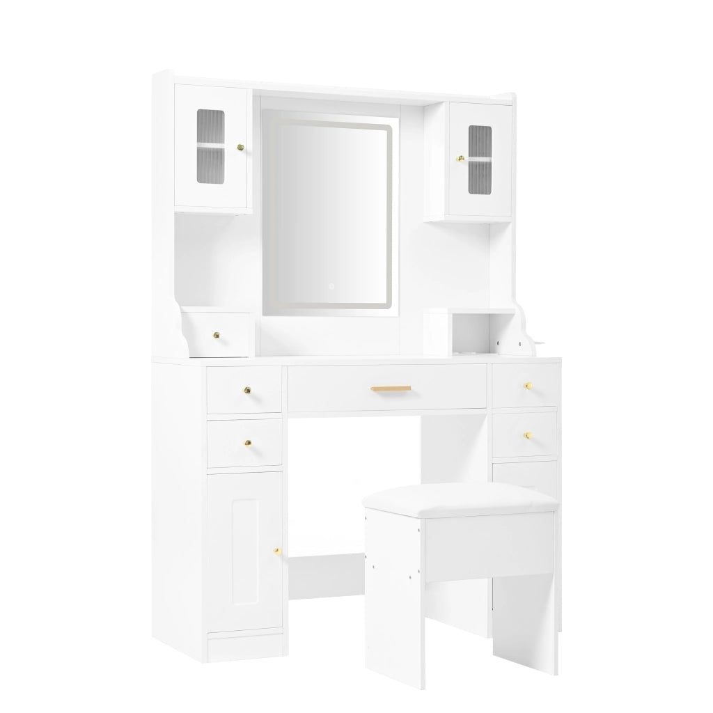TOELETTA con specchio LED 105x152x40 cm bianco, 6 cassetti e 4 ante