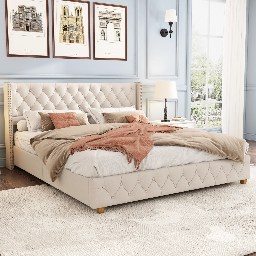 letto imbottito lino beige 160 x 200 cm