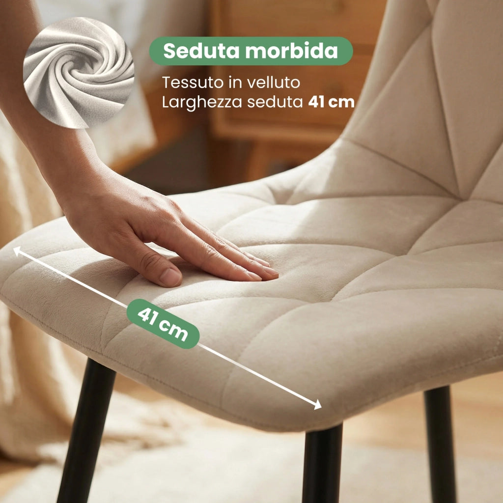 Set di 8 Sedie in velluto trapuntate MILO Beige gambe nere