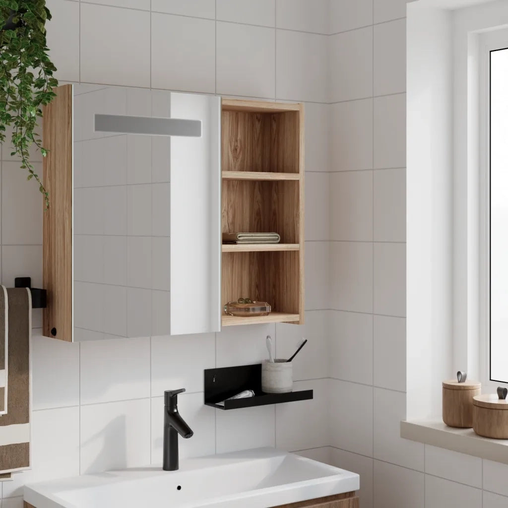 Armadietto Bagno con Specchio e LED Rovere 60x13x52 cm 357972