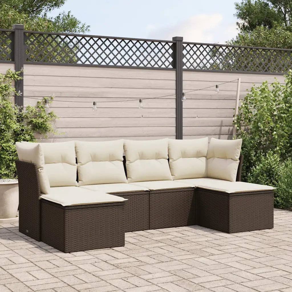 Set Divano da Giardino 6 pz | Set Salotto da Giardino con Cuscini Marrone in Polyrattan