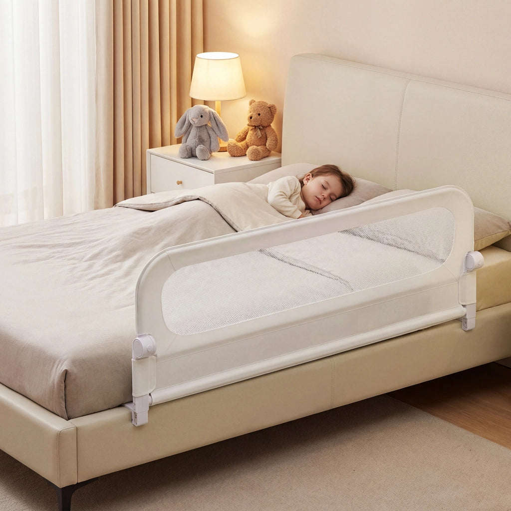 Sbarra letto pieghevole per bambini con base robusta a U, Sbarra protettiva regolabile 148 cm con accessori completi Bianco