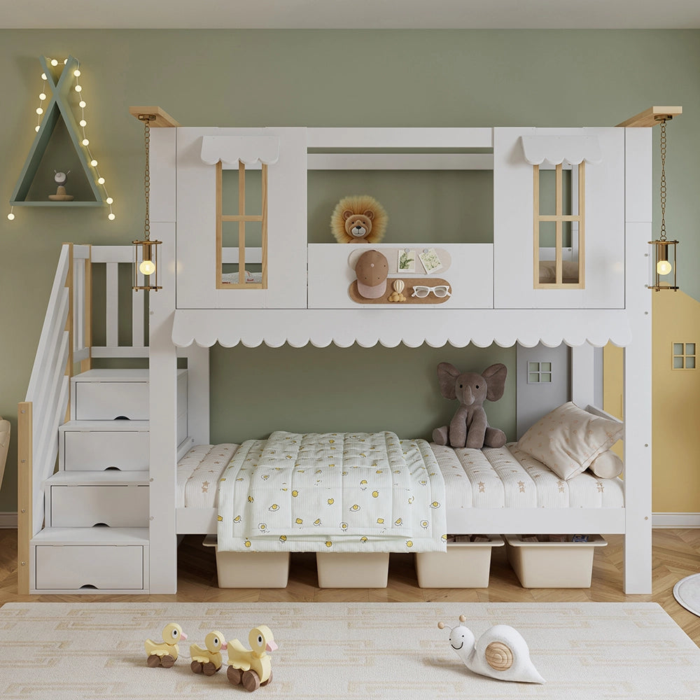 Letto a castello decorabile - Xylo - 90x200cm bianco/naturale, finestre