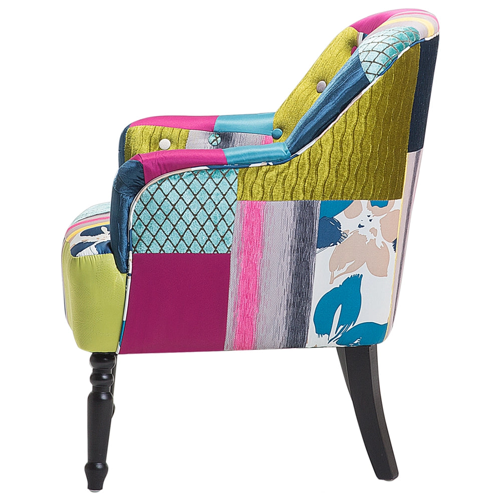 Poltrona Multicolore Tessuto Blu Patchwork Sedia Club Bottone Gambe In Legno capitonné