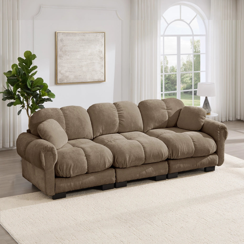 Divano modulare 3 posti con cuscini decorativi e cuciture trapuntate, in chenille marrone 260 × 86 × 90 cm