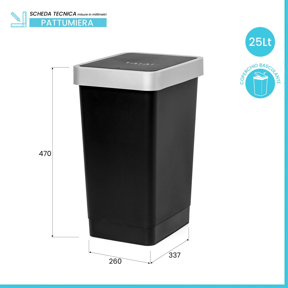 Pattumiera in plastica nero 25 litri con coperchio grigio basculante