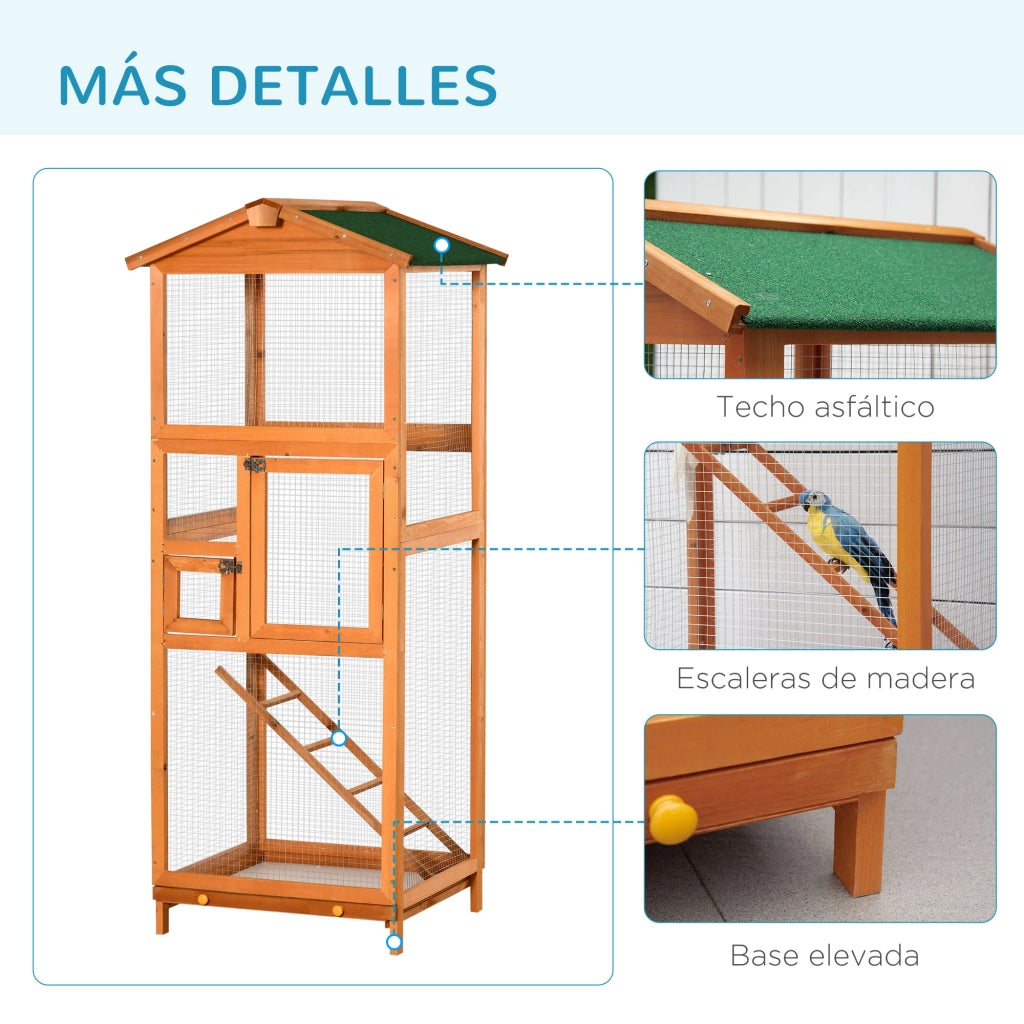 Gabbia per uccelli in legno di abete ¨C Xylo ¨C 2 porte, tetto asfaltato, 68x63x165cm