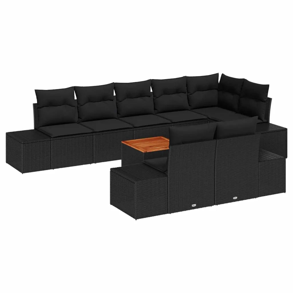 Set Divano da Giardino con cuscino 9 pcs Nero polyrattan