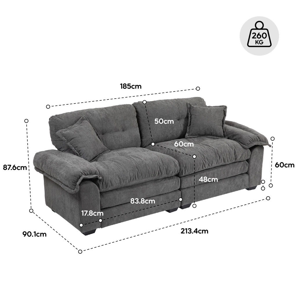 Divano in ciniglia con cuscini e seduta profonda in memory foam, struttura stabile beige