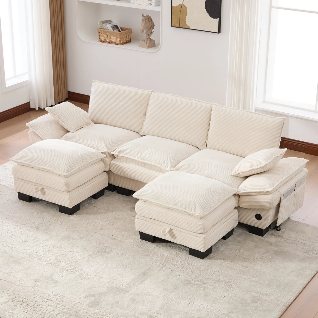 DIVANO Modulare 3 posti 260x132x84 cm in Corduroy Beige con 2 Pouf