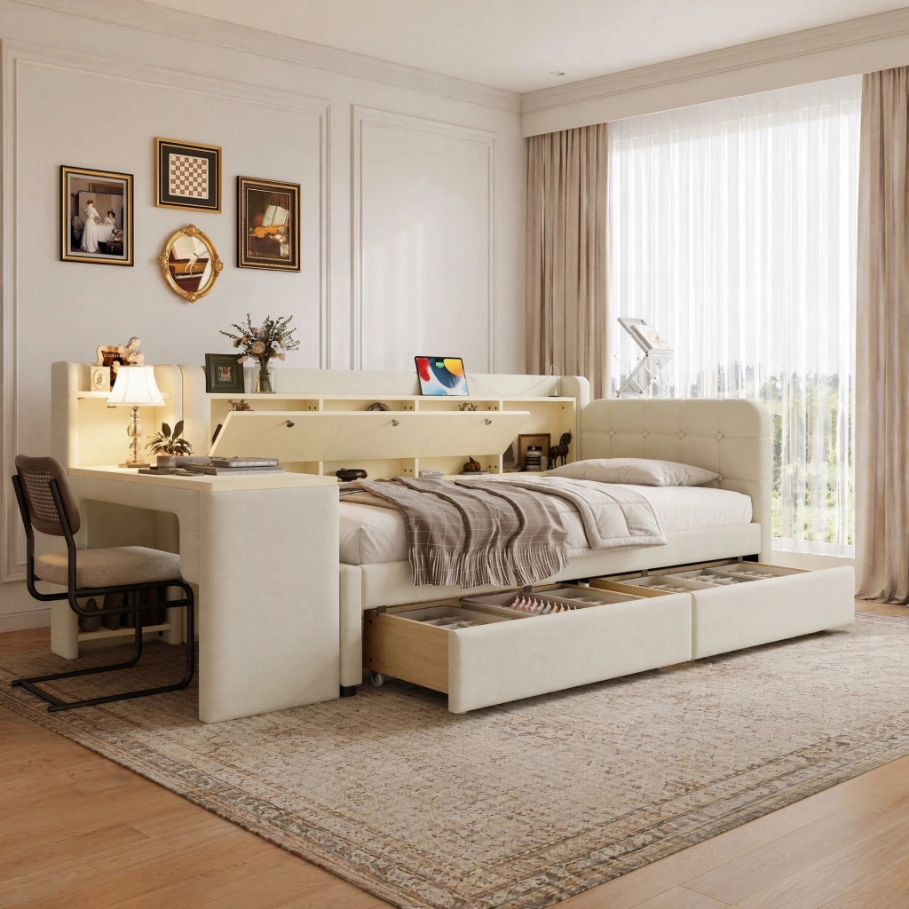 LETTO 90x200 cm in lino beige con 2 cassetti, scrivania, USB e Tipo C
