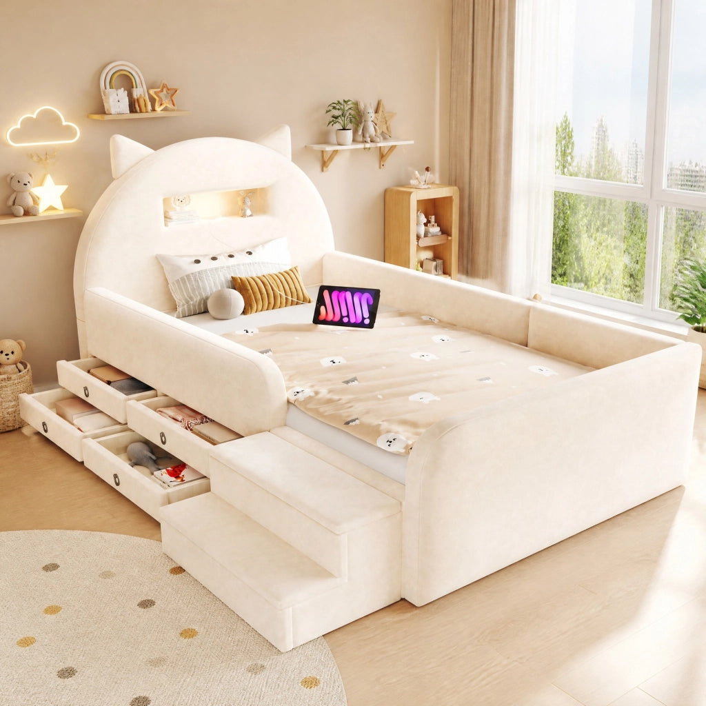 Letto imbottito per bambini 90x200 cm in velluto con testiera a orecchie, luci notturne, USB e 4 cassetti, beige