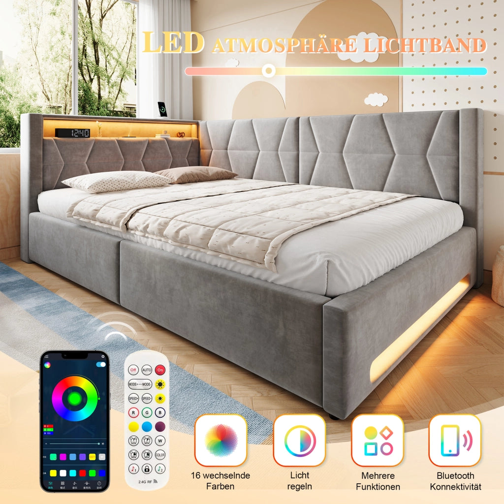 LETTO imbottito 140x200 cm con contenitore, velluto grigio scuro, LED, USB e Type-C