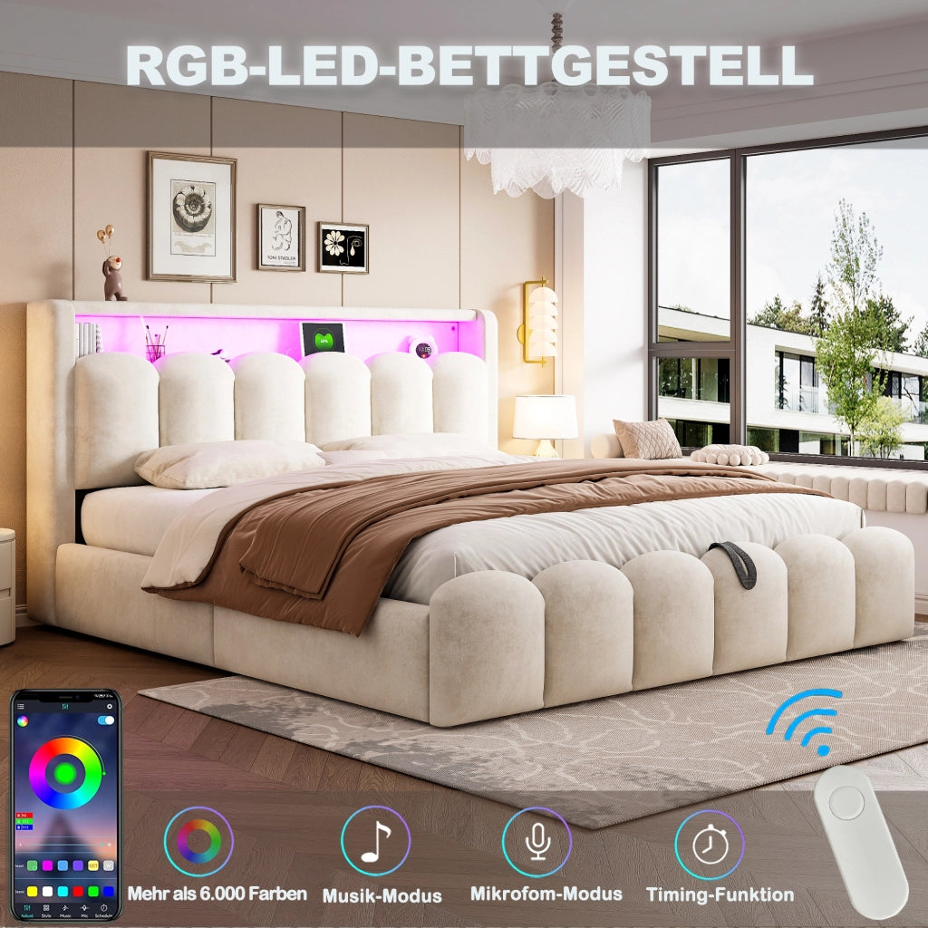 DESMIU Letto Contenitore 180 × 200 cm 2 Posti con LED, USB, Type-C e vani, senza materasso, Beige