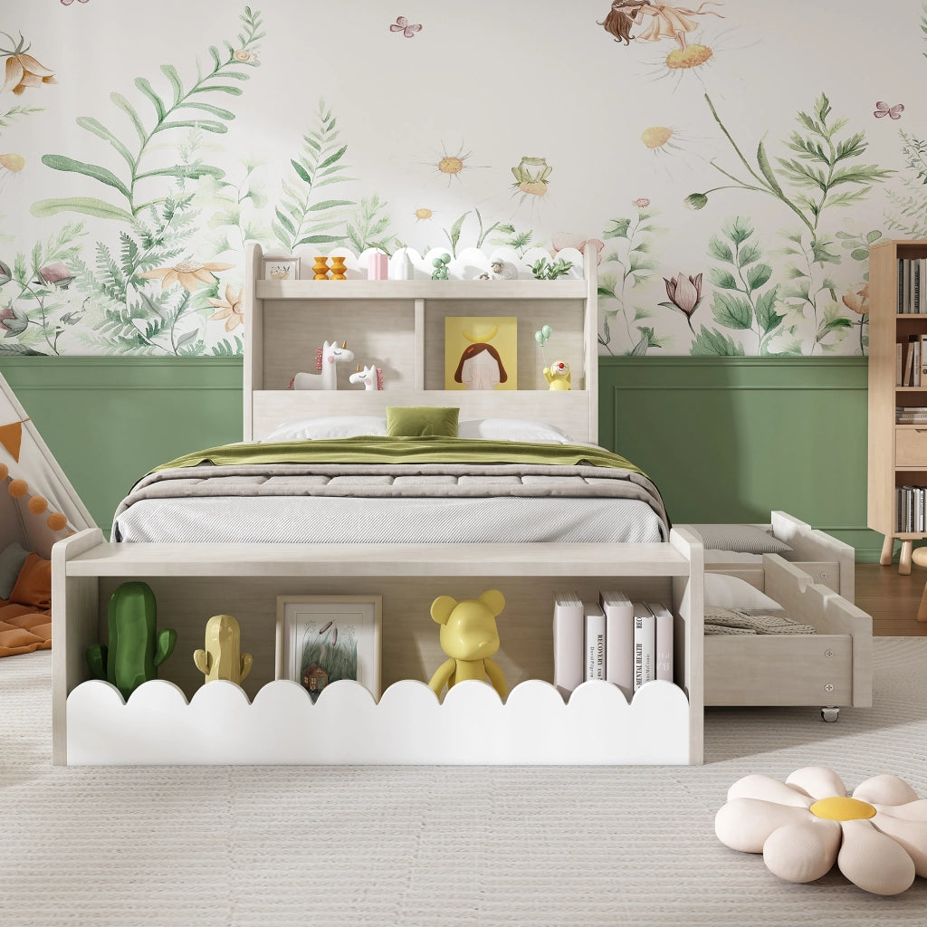 LETTO Singolo con cassetti e ripiani 90x190 cm Bianco e Rovere