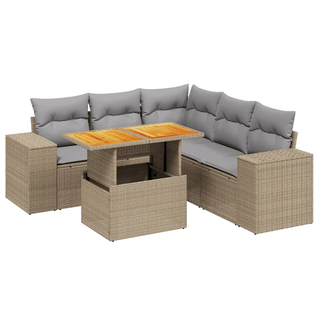 Set Divano da Giardino 6 pz con Cuscini Beige in Polyrattan