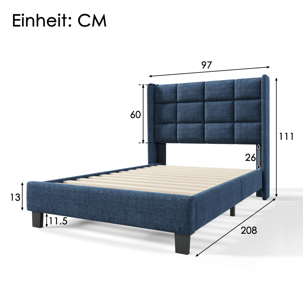 LETTO Imbottito 90x200 cm in lino blu con rete a doghe