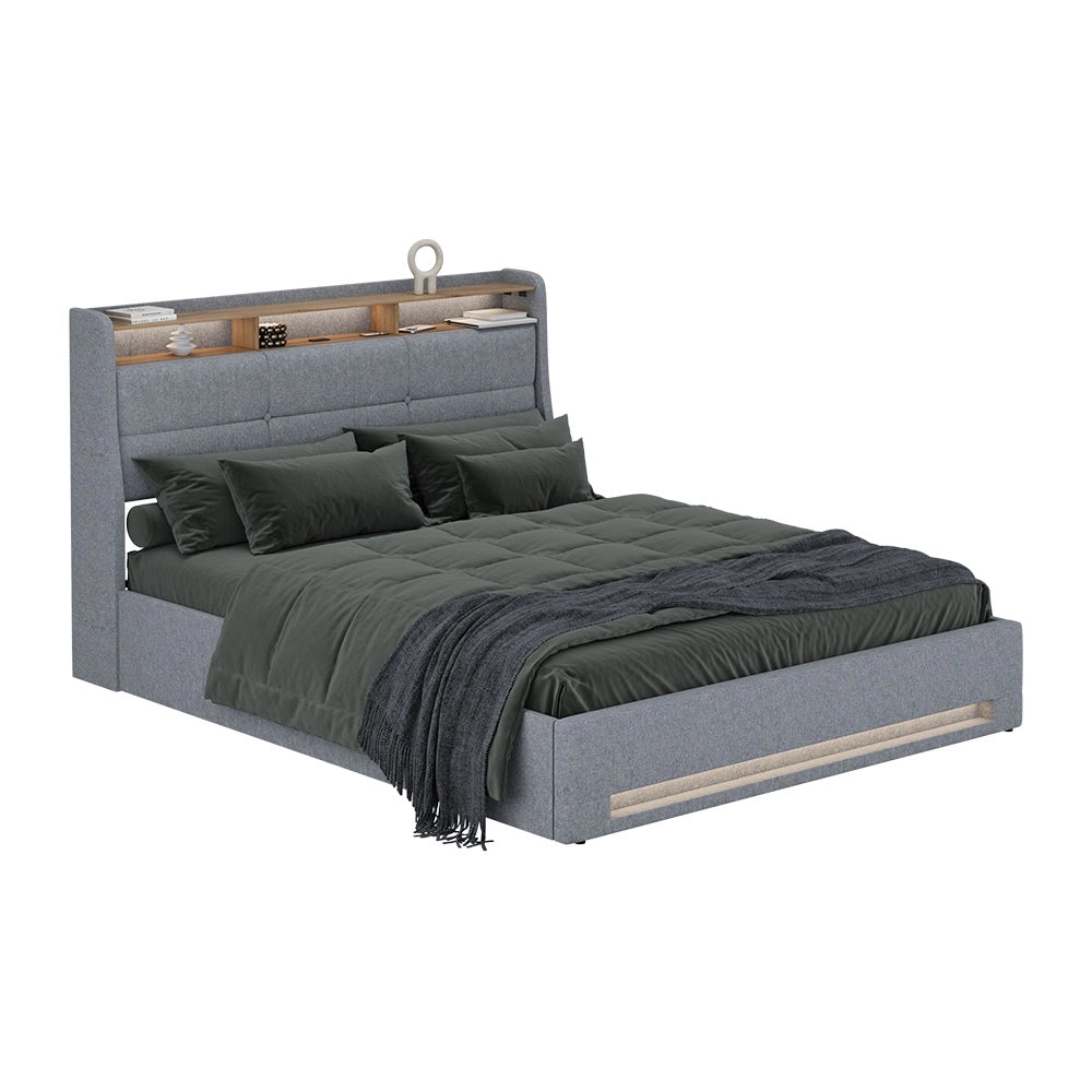 Vitalispa Letto imbottito Grigio/quercia 160x200 con LED e porta USB