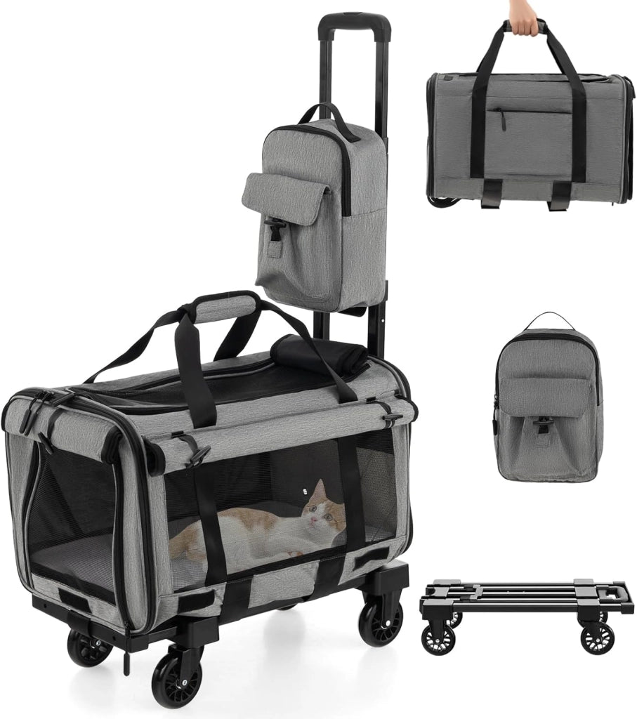 SORAS - Borsa per il trasporto del gatto e del cane, 57 x 34 x 34 cm, custodia per il trasporto per cani e gatti con ruote, manico telescopico, cuscino doppio lato, zaino aggiuntivo