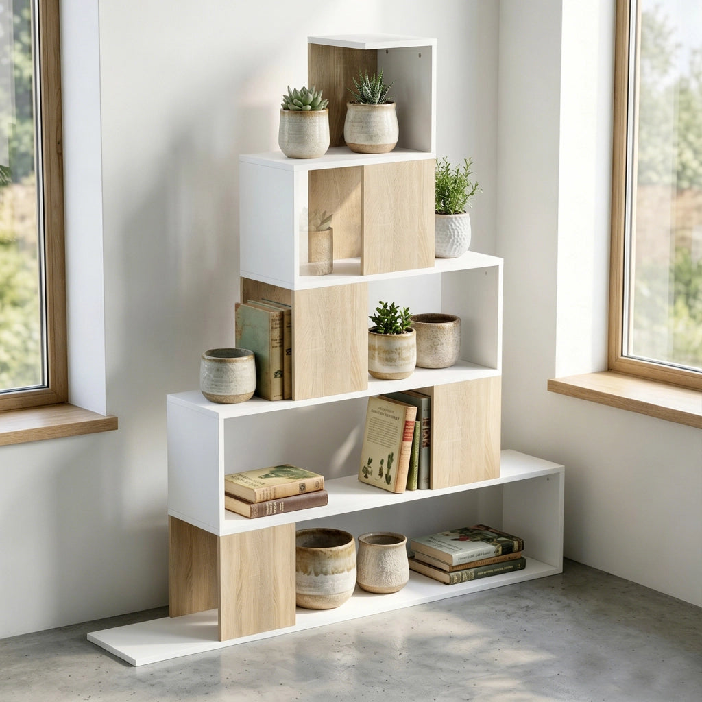 Libreria a 5 Ripiani con Design a Gradini Bianco e Naturale