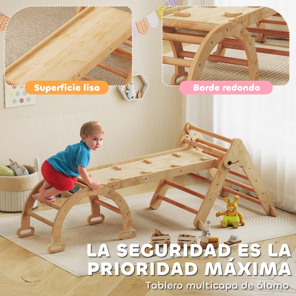 Triangolo di arrampicata Montessori in legno pieghevole con arco e rampa ¨C Xylo ¨C 188x70 cm naturale