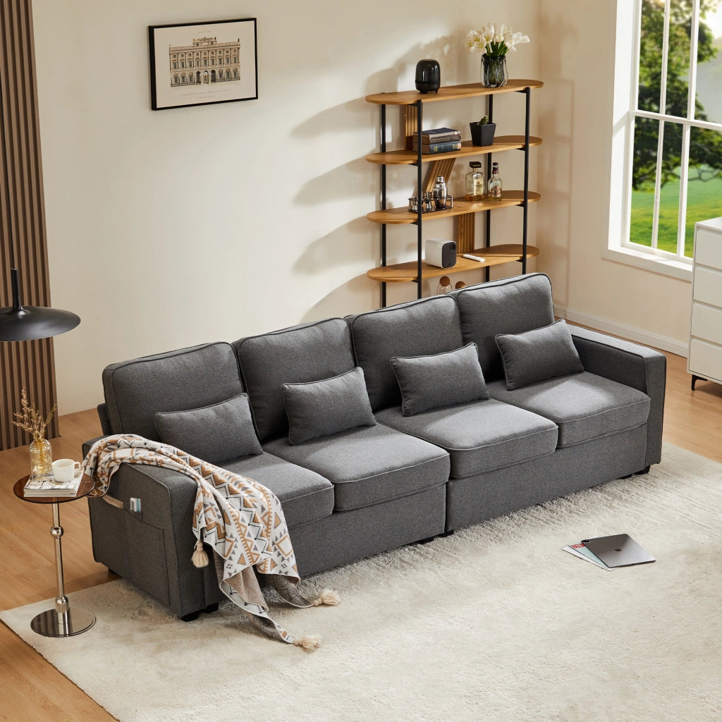 Divano 4 Posti in Tessuto con Braccioli e Cuscini ¨C MINIMAL ¨C Beige/Grigio/Verde
