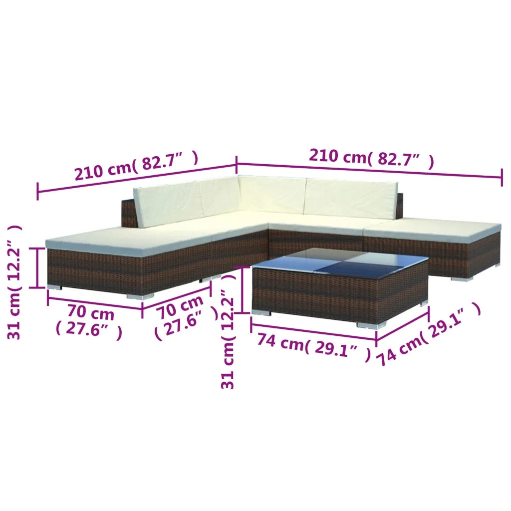 Set Divani da Giardino 6 pz con Cuscini in Polyrattan Marrone 42085