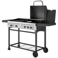Barbecue a Gas con Piastra e Fornello, Coperchio con Termometro e Ripiani, Regolatore e Tubo Inclusi, Nero