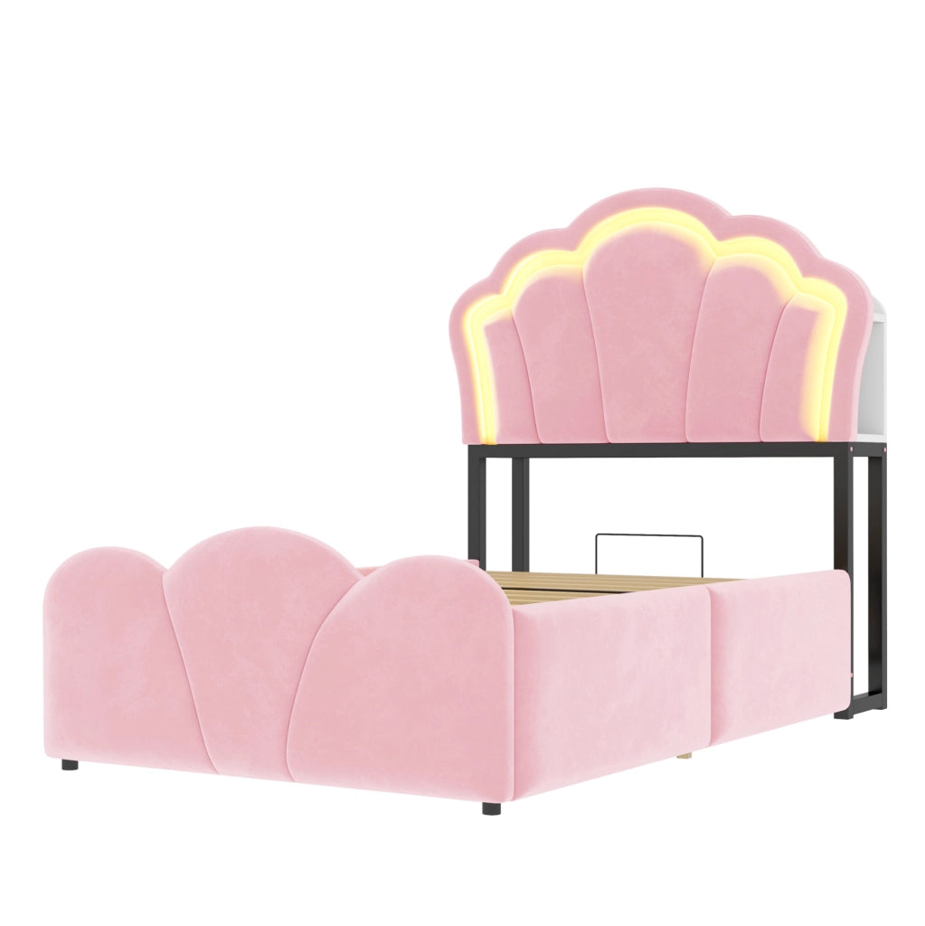 Letto imbottito 90x200 cm con contenitore idraulico, LED e prese integrate