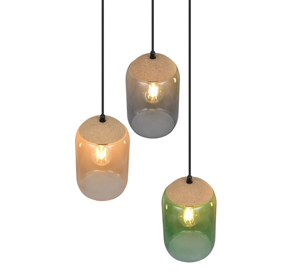 Sospensione Trio CORK nera 3 luci vetro colorato E27