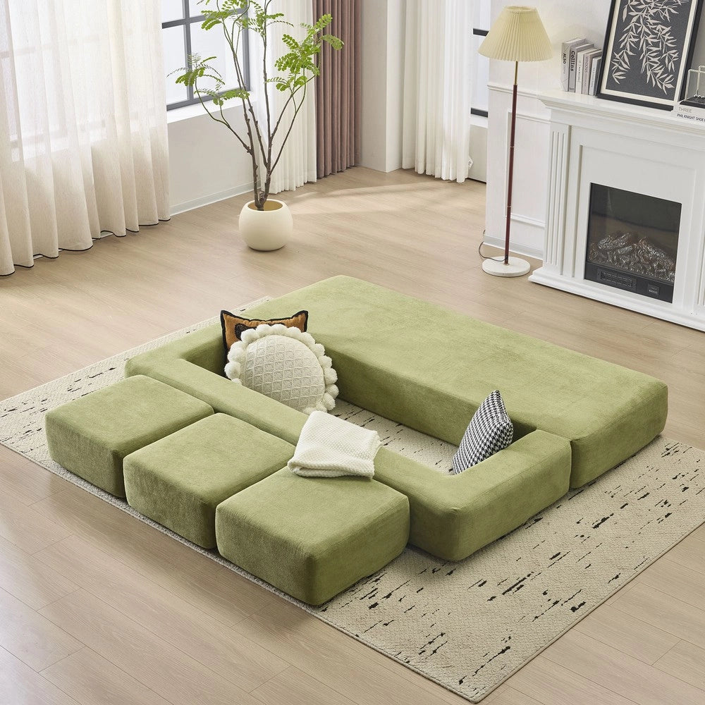 Divano Letto con Poggiapiedi Chenille ¨C Xylo ¨C Verde, Schiuma ad Alta Elasticit¨¤