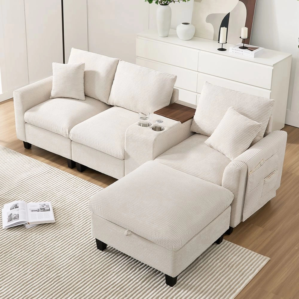 Divano angolare a L - Xylo - Velluto, console con USB, ripostiglio, beige