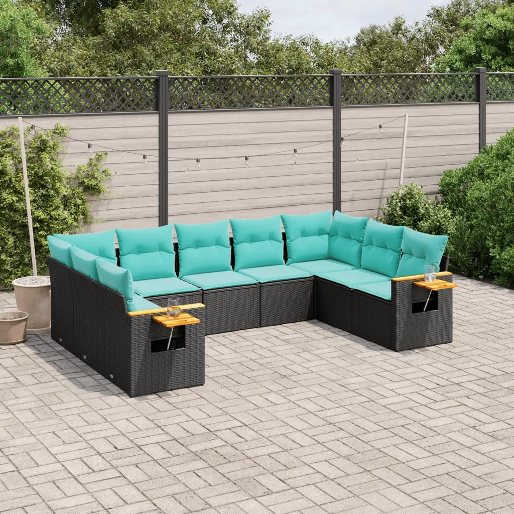 Set Divani da Giardino 9 pz con Cuscini Nero in Polyrattan
