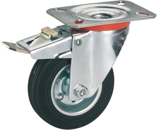 Massiccio pneumatico a due assi con chiusura completa, 80 mm x 25 mm, capacità di carico 50 kg, piatto 100 mm x 85 mm, con freno