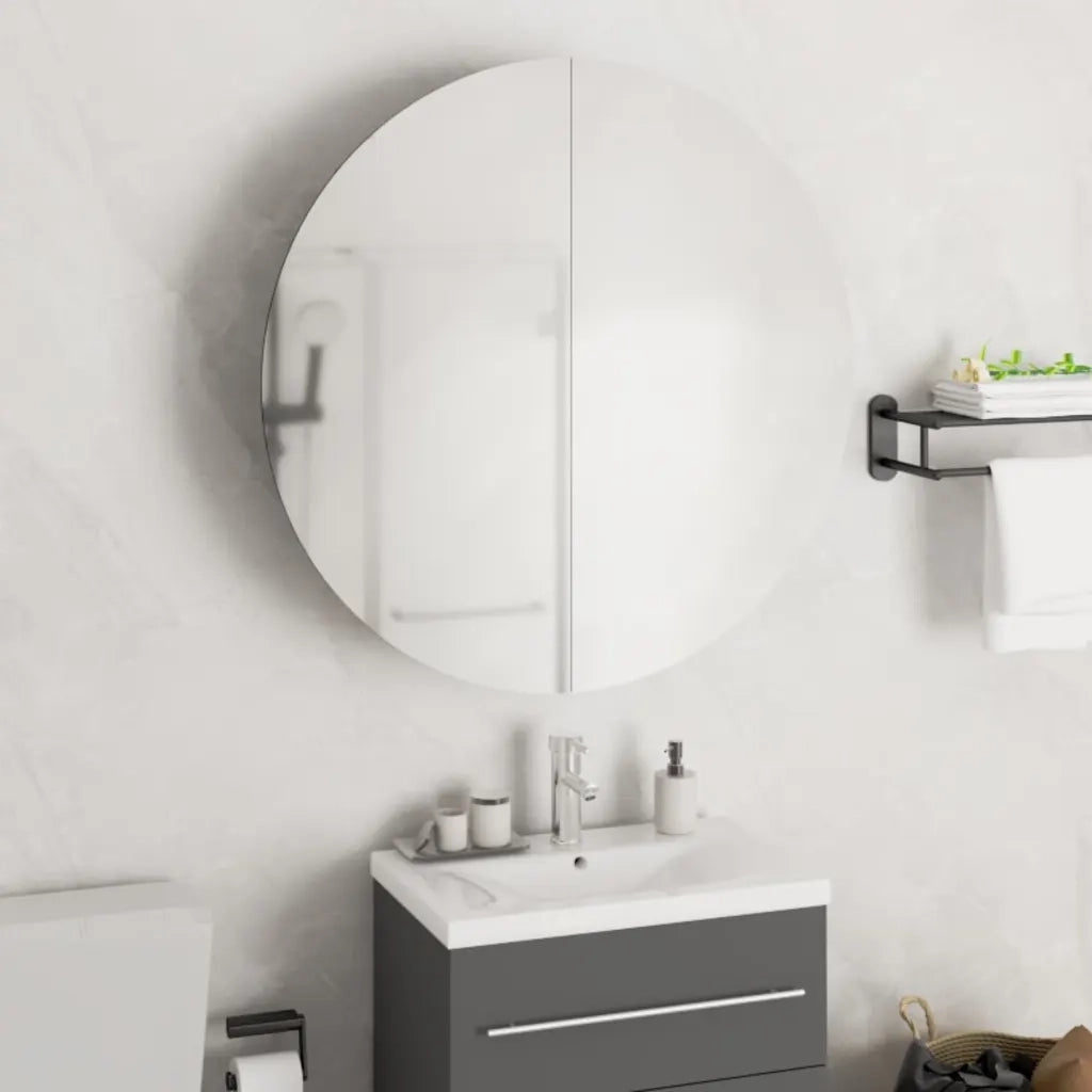 Armadio da Bagno | Mobile da Bagno con Specchio Rotondo e LED Bianco 54x54x17,5cm