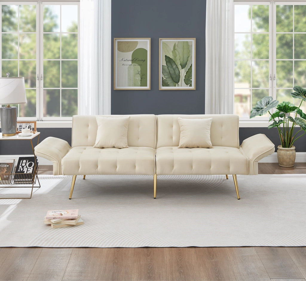 Divano Letto 2 Posti con Schienale Regolabile e Braccioli Multi-Posizione in Velluto Beige