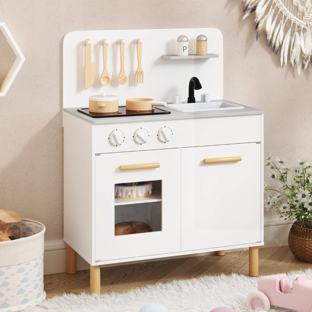 Set da cucina per bambini in legno con luci e accessori da cucina, Gioco educativo con spazio di archiviazione, Regalo per Bambini Bianco
